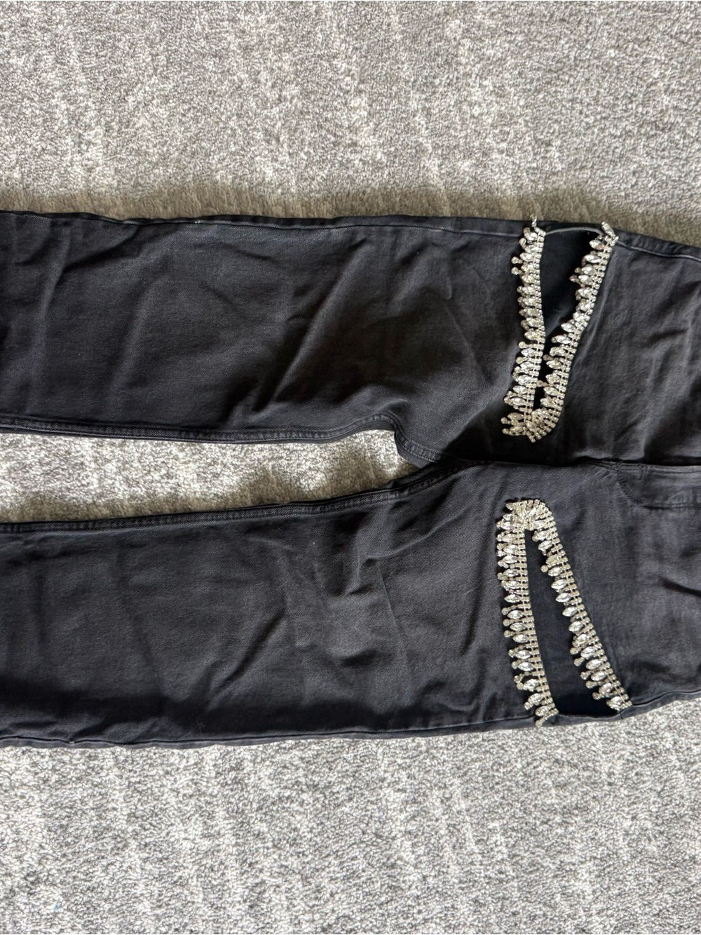 Good American Black Skinny Jeans with Rhinestone Knee Cutouts